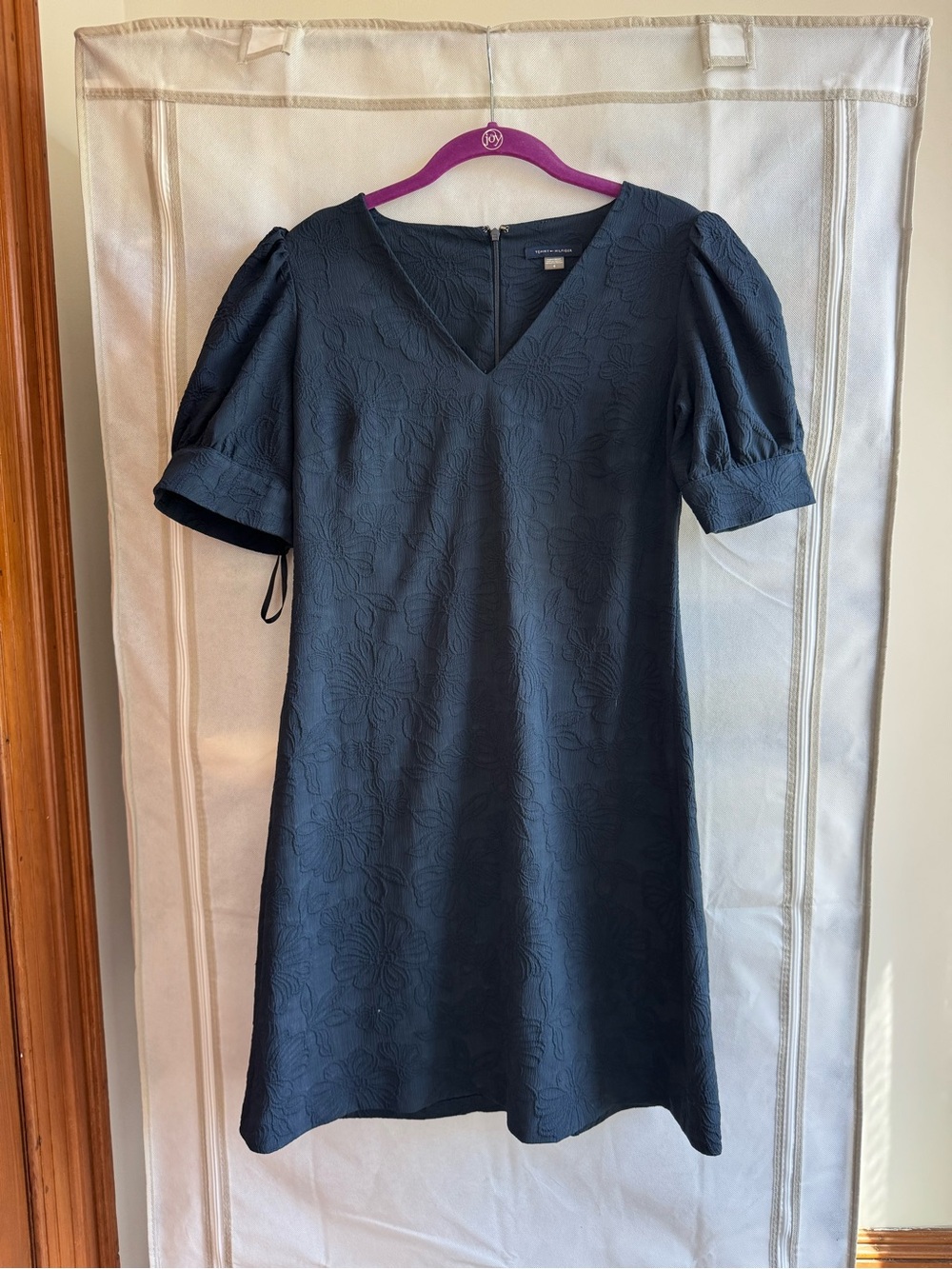 Tommy Hilfiger Navy Floral Jacquard V-Neck Puff Sleeve Midi Dress